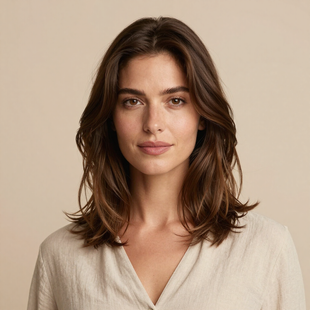 A person with shoulder-length wavy brown hair and a calm expression, centered against a plain, light beige background.