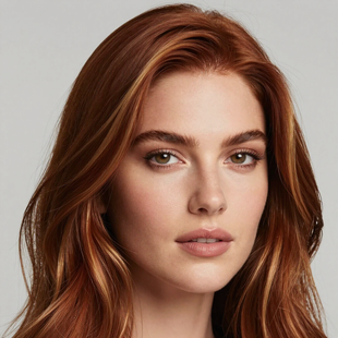 A portrait of a person with wavy, auburn hair, neutral makeup, and a calm expression against a plain gray background.