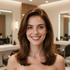 A smiling individual with shoulder-length brown hair in a bright, modern salon setting.