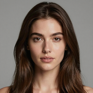 A front-facing portrait of a person with long brown hair, neutral expression, and soft lighting against a gray background.