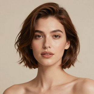 A portrait of a person with wavy, shoulder-length brown hair, neutral makeup, and a soft gaze against a beige background.