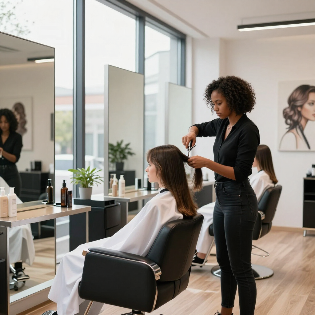 A hairstylist trims a client's hair in a bright, modern salon with mirrors and styling chairs.