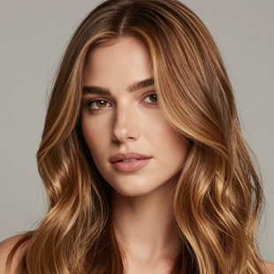 A portrait of a person with long, wavy, light brown hair and highlighted strands, looking forward with a neutral expression.