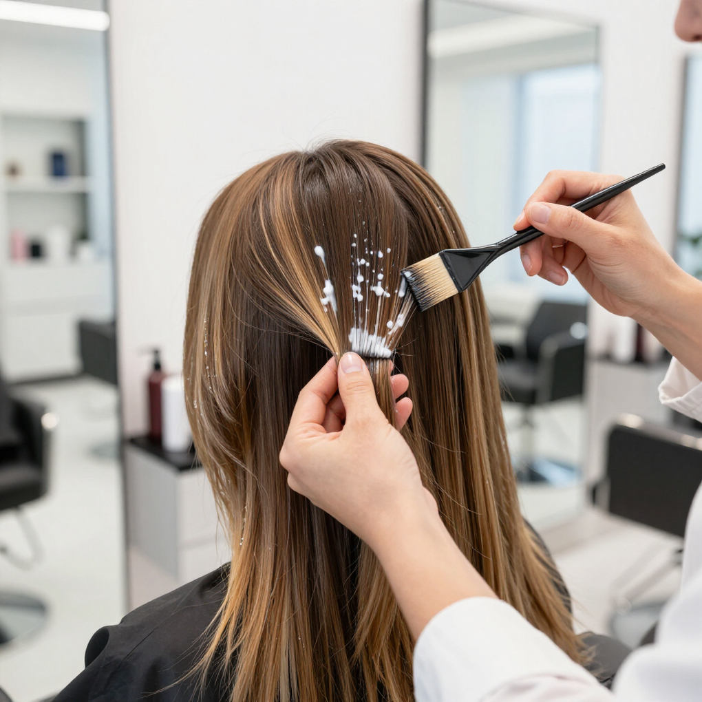 A stylist applying hair color with a brush to a section of a person's hair in a salon setting.