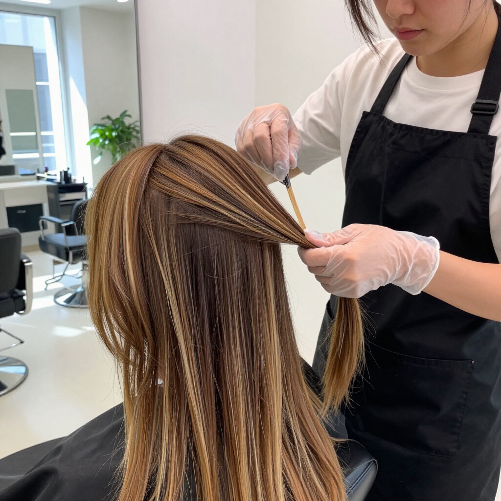 A stylist wearing clear gloves applies a treatment to a client's crimped, highlighted hair in a bright salon.