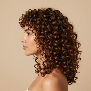 Profile view of a person with voluminous, dark brown curly hair and bangs against a solid beige background.