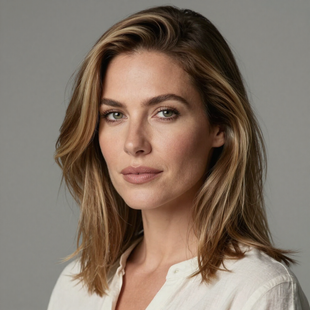 A woman with shoulder-length highlighted hair and a neutral expression against a plain gray background.