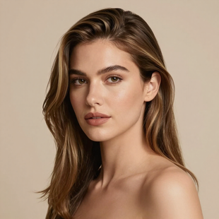 A portrait of a person with wavy, brown highlighted hair, soft neutral makeup, and bare shoulders against a beige background.