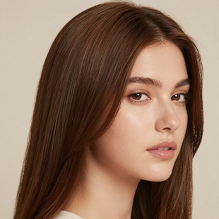 A person with long, straight brown hair and a neutral expression looking toward the camera against a plain background.