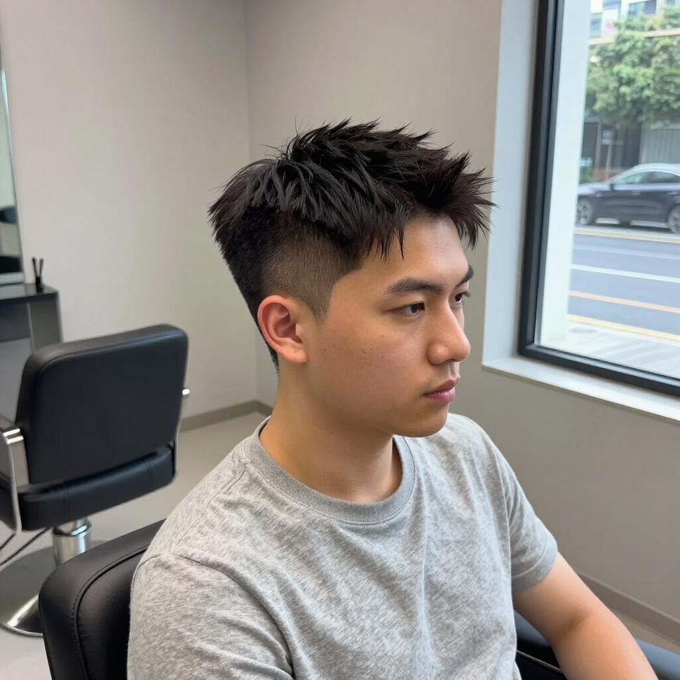 A side profile of a person with a short, textured hairstyle and a faded undercut, sitting in a salon chair.