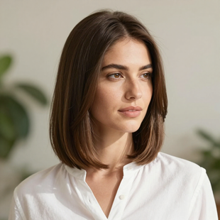 A person with shoulder-length brown hair and a calm expression, wearing a white collared shirt against a soft, blurred background.