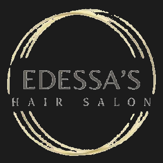 A logo for Edessa's Hair Salon with the name in light gray lettering centered inside a distressed gold circle.