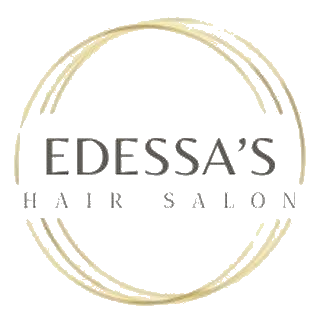 Logo for Edessa’s Hair Salon featuring the business name in dark gray text inside a circular, gold-toned brushstroke frame.