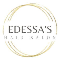 Logo for Edessa’s Hair Salon featuring the business name in dark gray text inside a circular, gold-toned brushstroke frame.