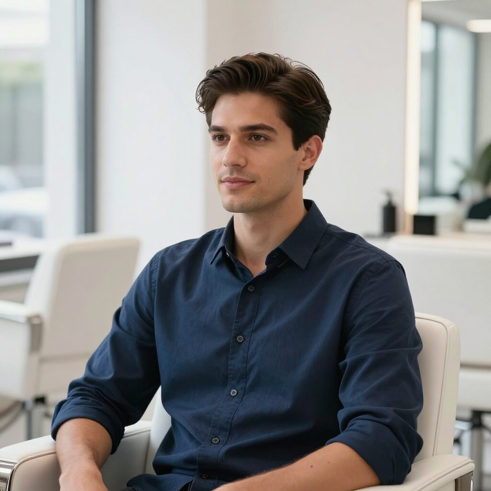 A young person with dark hair, wearing a navy button-down shirt, sitting in a chair inside a bright, modern salon.