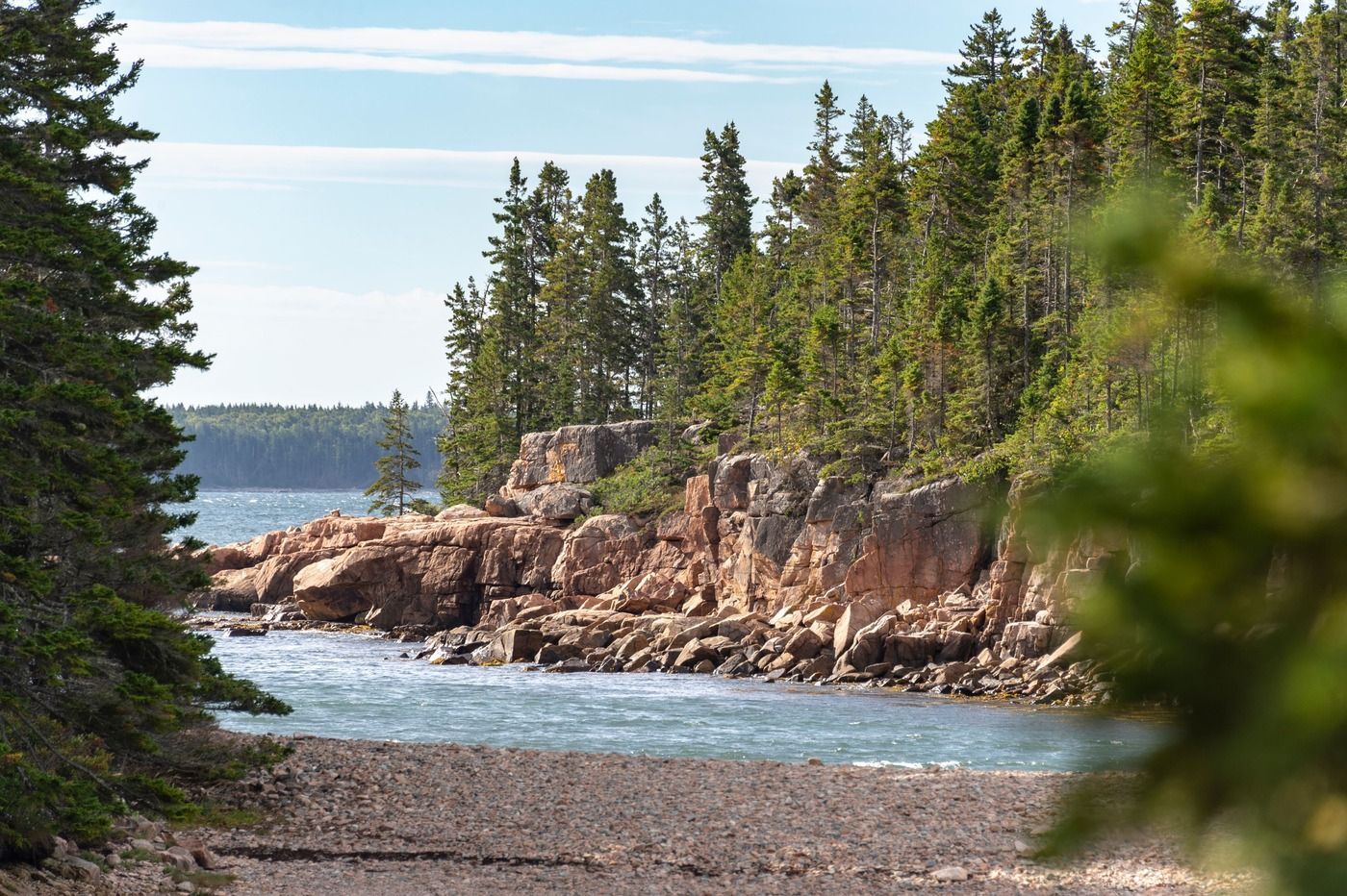 Rocky coastline with trees, blue water, and a bright sky.