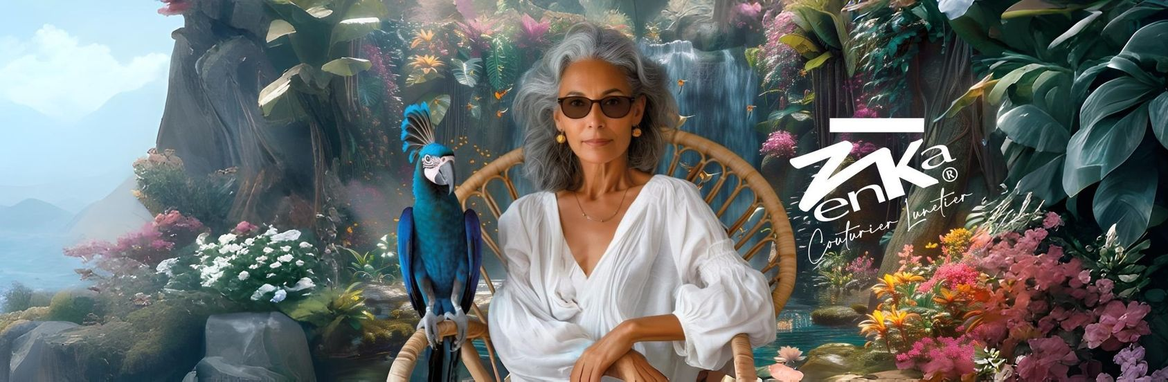 Woman with gray hair and sunglasses sits in a chair with a bird on her arm, surrounded by flowers.