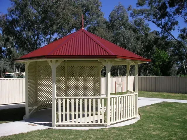 Octagonal Beige Gazebo With a Red Corrugated — The Gazebo and Shade Centre in Yarrawonga, VIC