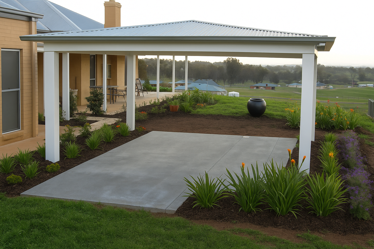 Covered patio with white posts, concrete slab, and landscaped garden overlooking a grassy field — The Gazebo and Shade Centre in Jindera, NSW