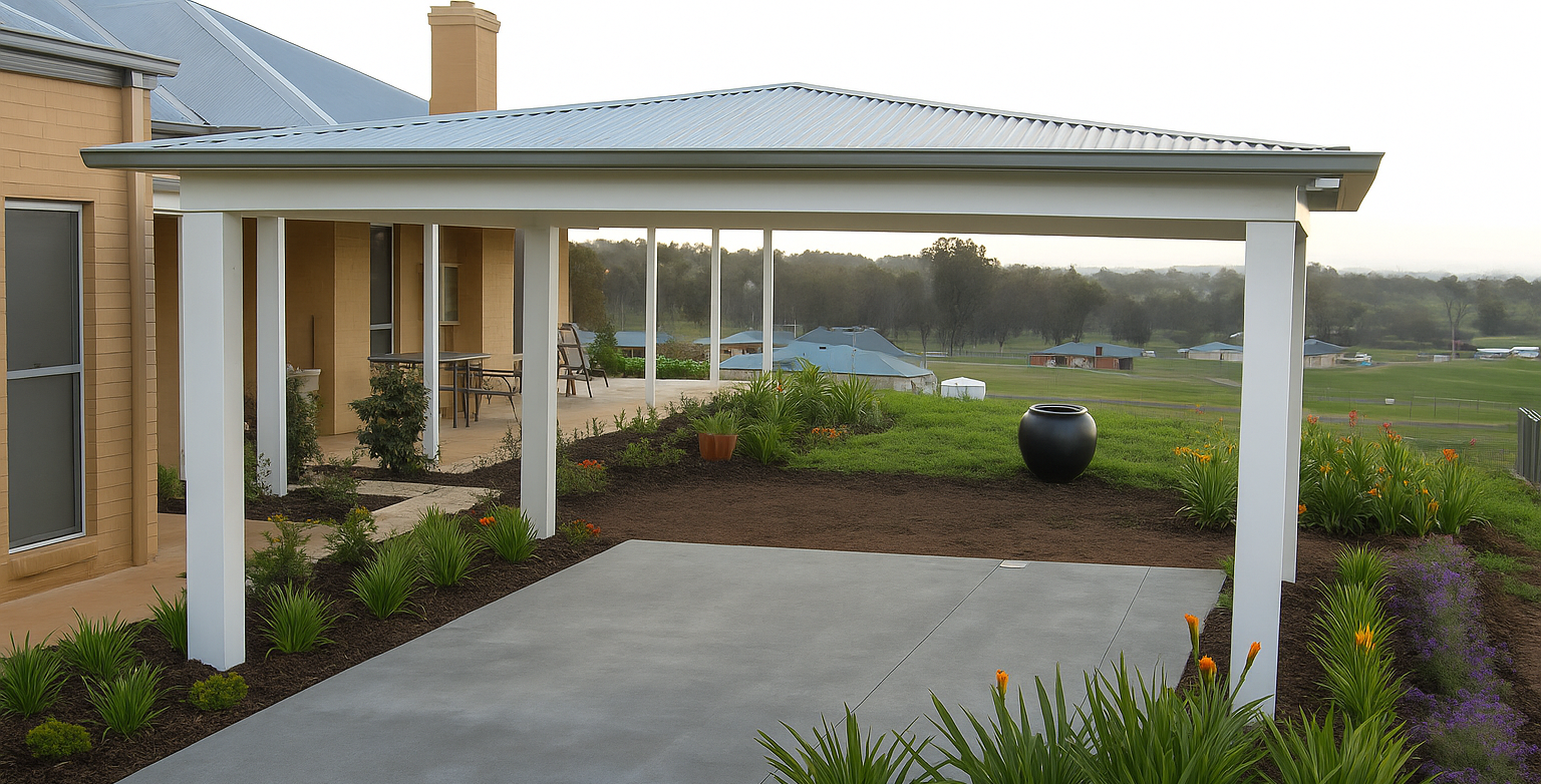 Covered patio beside a house, with white posts, gray paving, and a landscaped yard at sunset  — The Gazebo and Shade Centre in Jindera, NSW