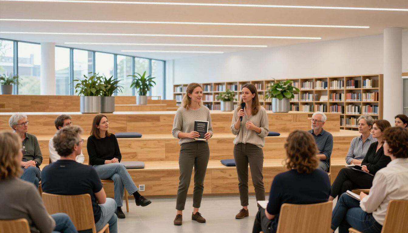 Een persoon leest een boek op een turquoise bank in een gezellig café met grote planten en warme hanglampen.