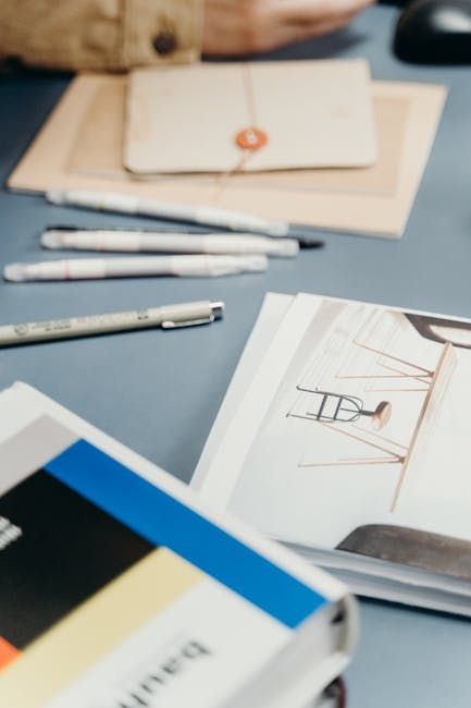 Bureau met open tijdschriften, pennen en notitieboekjes op een blauwe ondergrond.