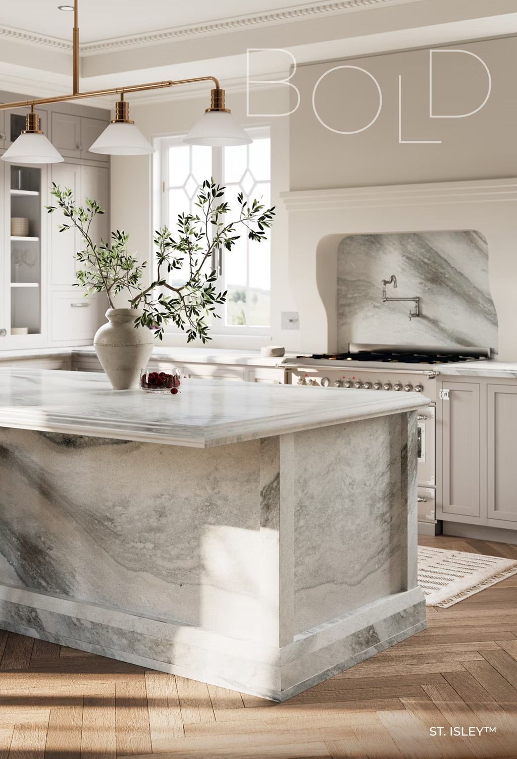 Elegant kitchen with marble island and range, neutral tones, and natural light.