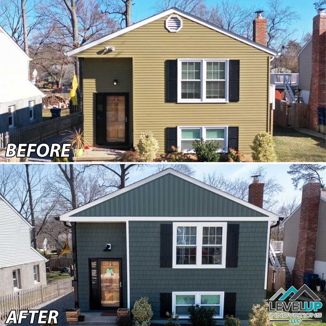 A before and after picture of a house with green siding and black shutters.