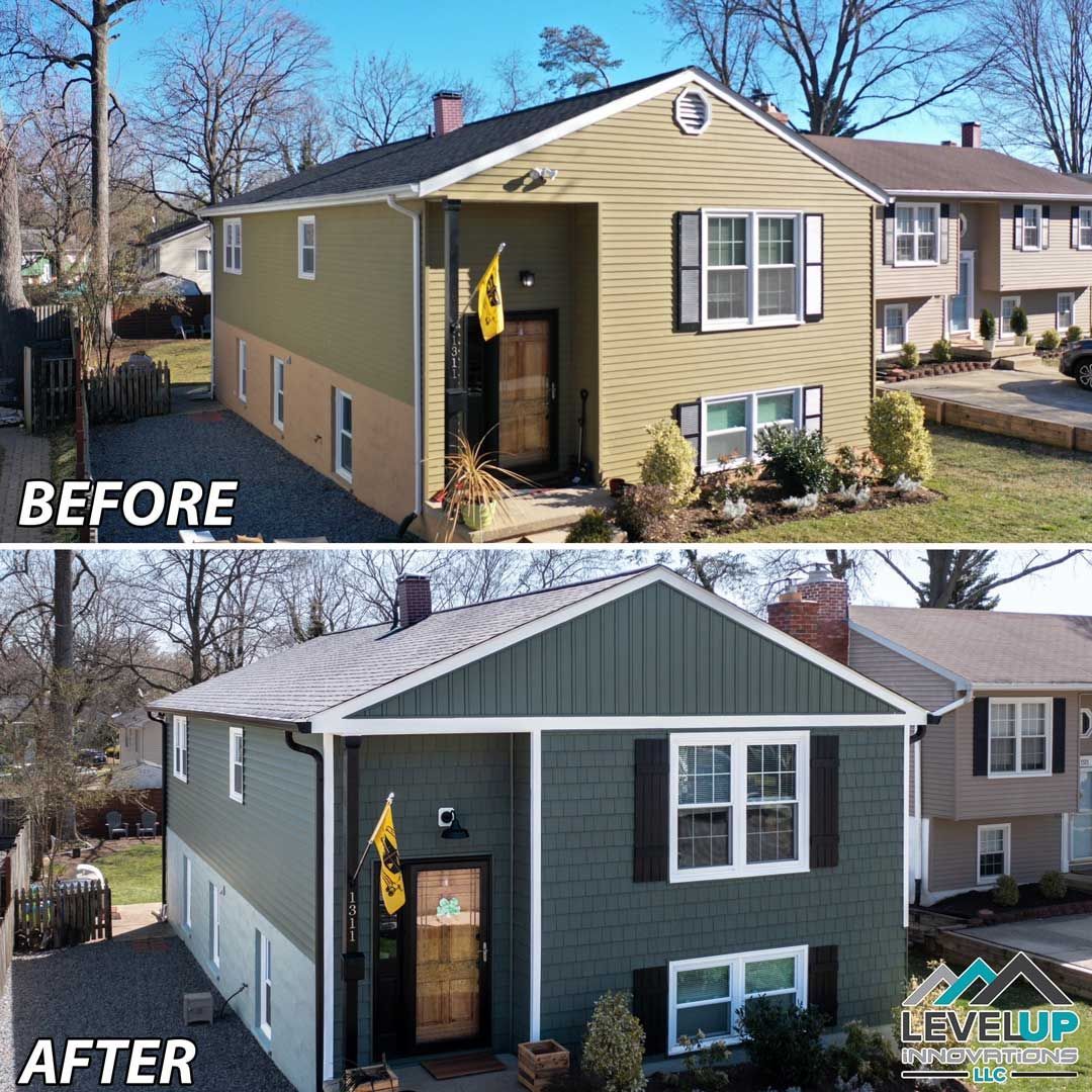 A before and after picture of a house that has been painted green