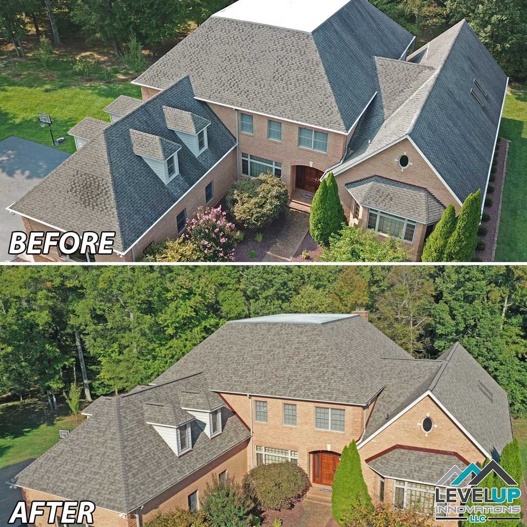 A before and after picture of a house with a new roof.