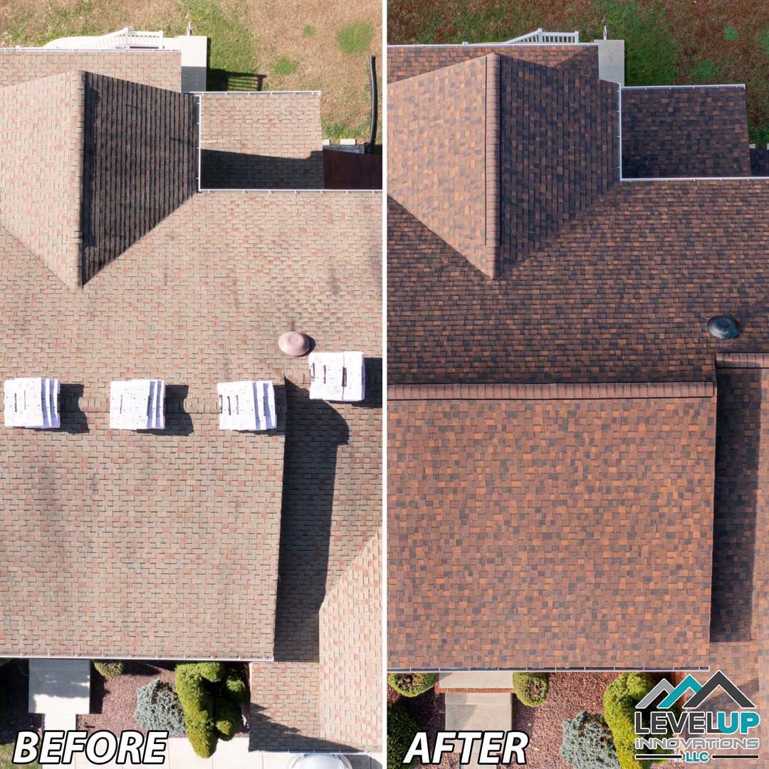 A before and after picture of a house 's roof.