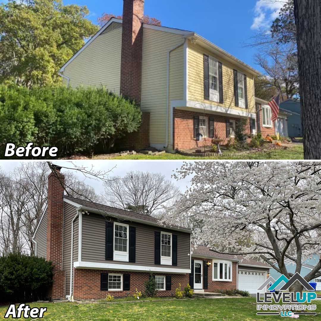 A before and after picture of a house that has been remodeled.