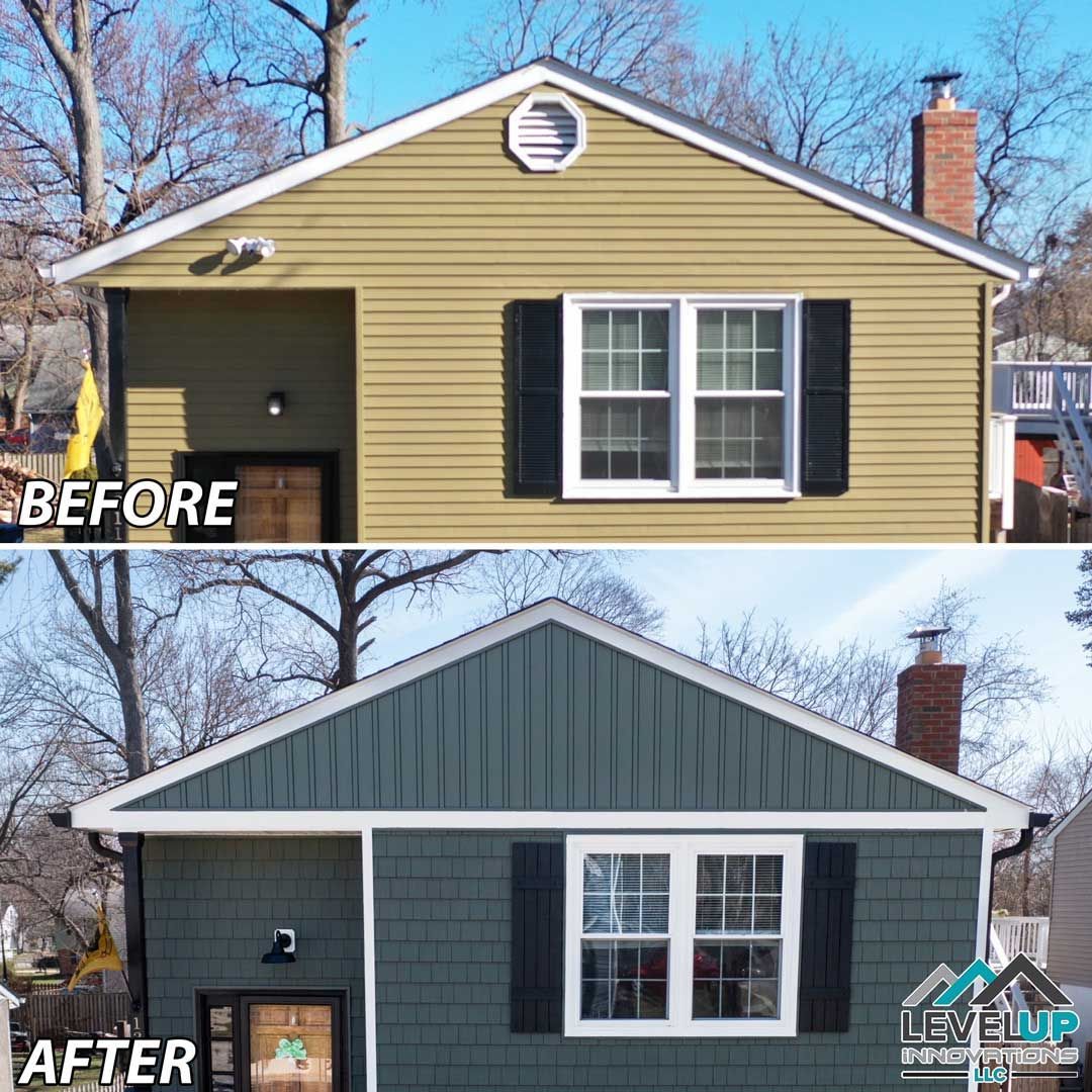 A before and after picture of a house with a green siding