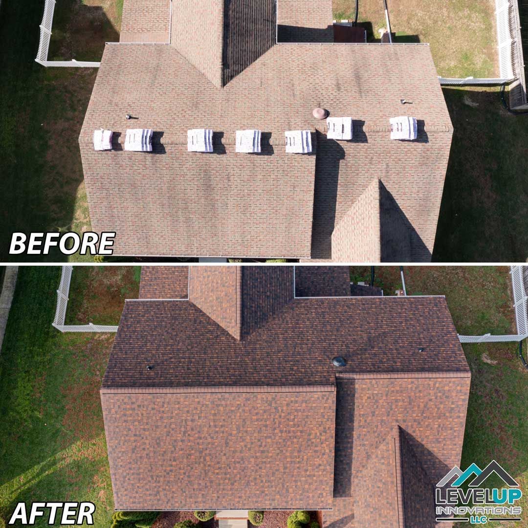 An aerial view of a house before and after a roof replacement.