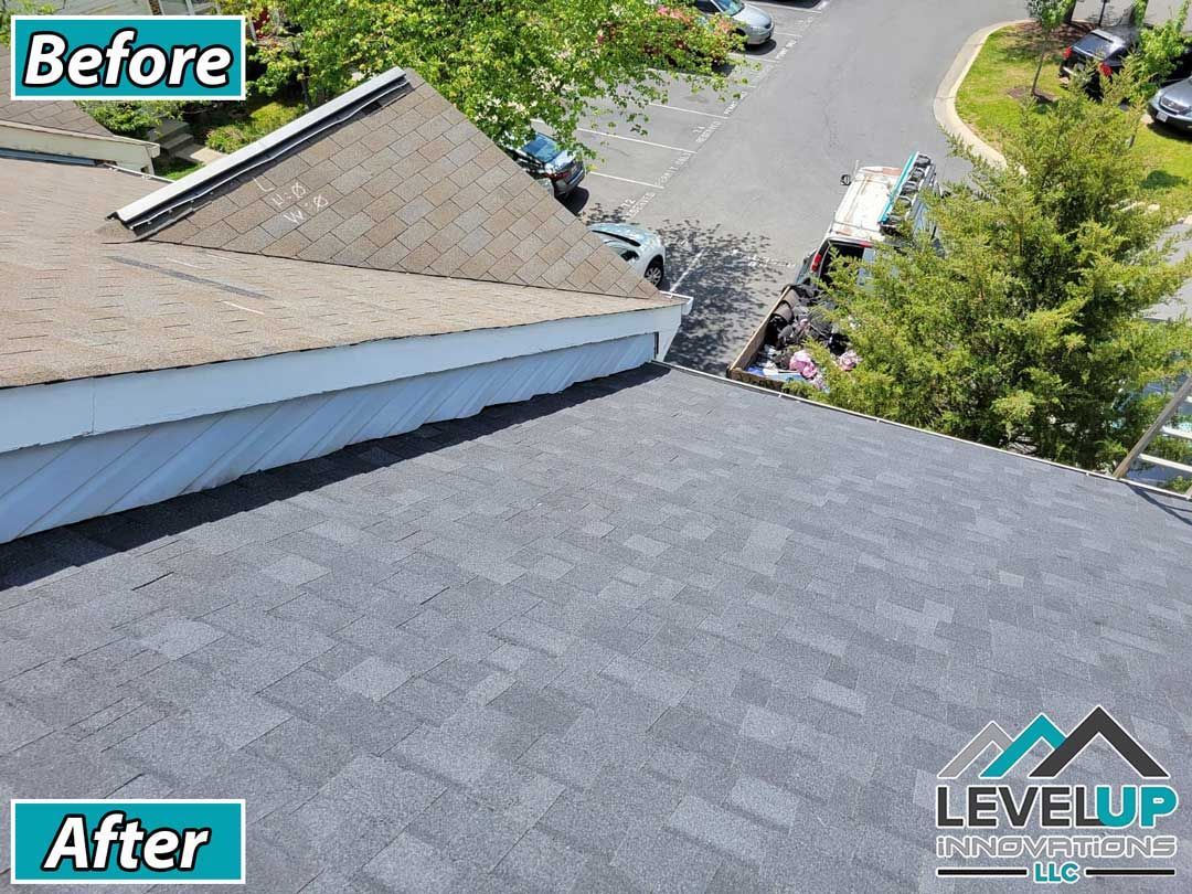 A picture of a roof before and after being repaired by levelup
