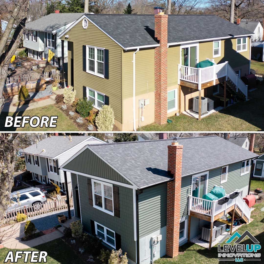 A before and after photo of a house with a new roof.