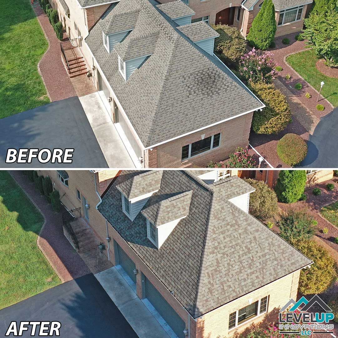 An aerial view of a house before and after a roof replacement.