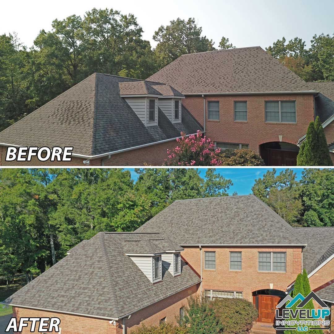 A before and after picture of a house with a new roof