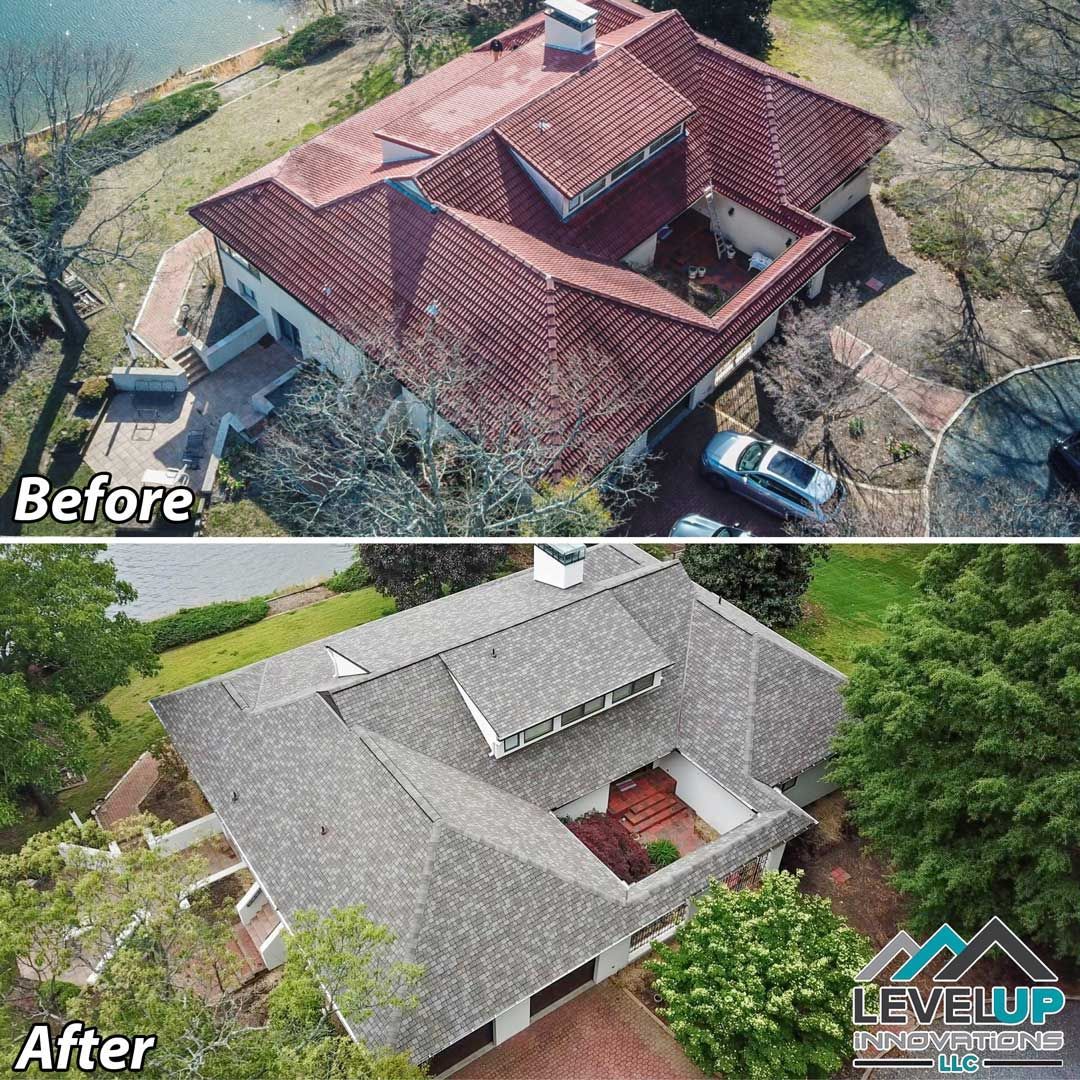 A before and after picture of a house with a new roof.