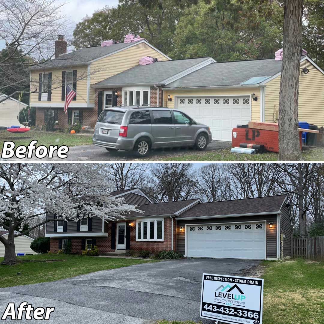 A before and after picture of a house with a new roof.
