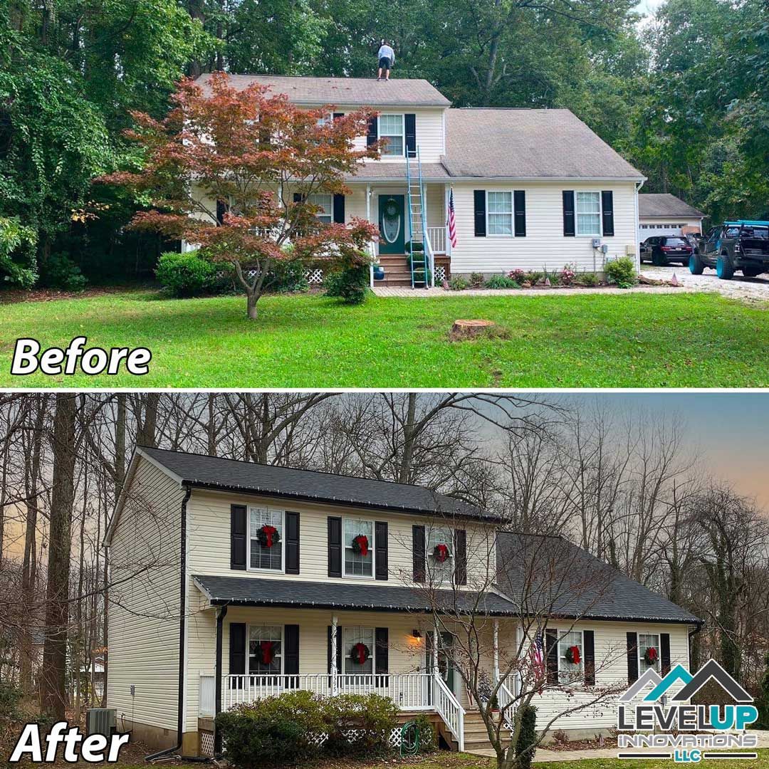 A before and after picture of a house with a new roof.