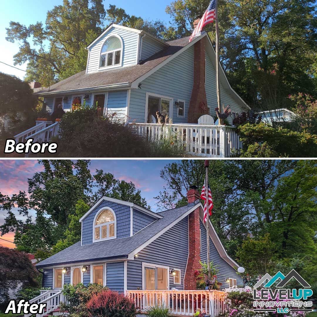A before and after picture of a house with a roof.