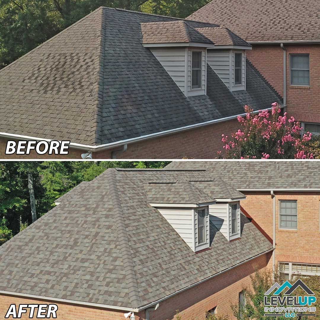 A before and after picture of a house with a new roof.