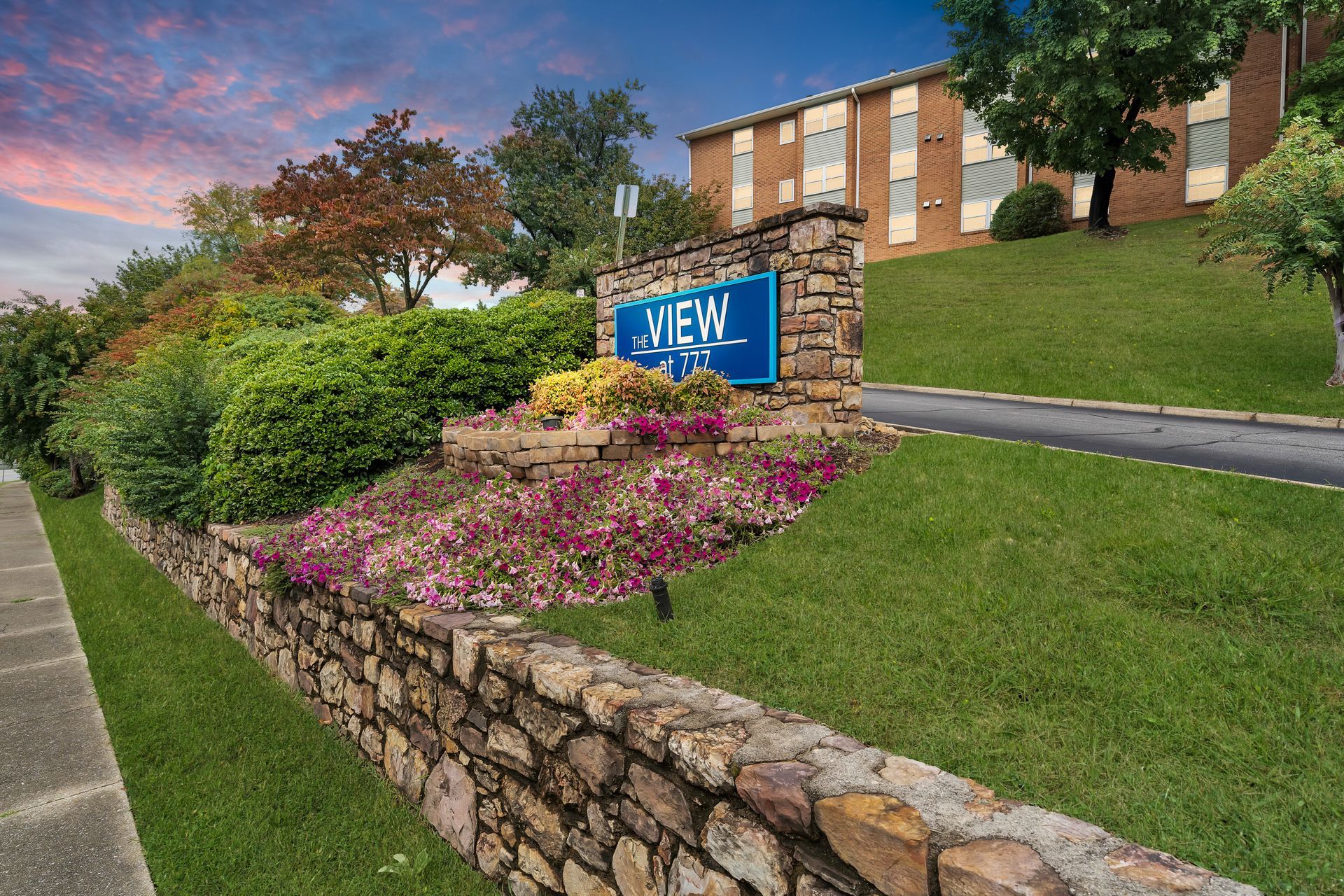 A building with a sign that says View on it.