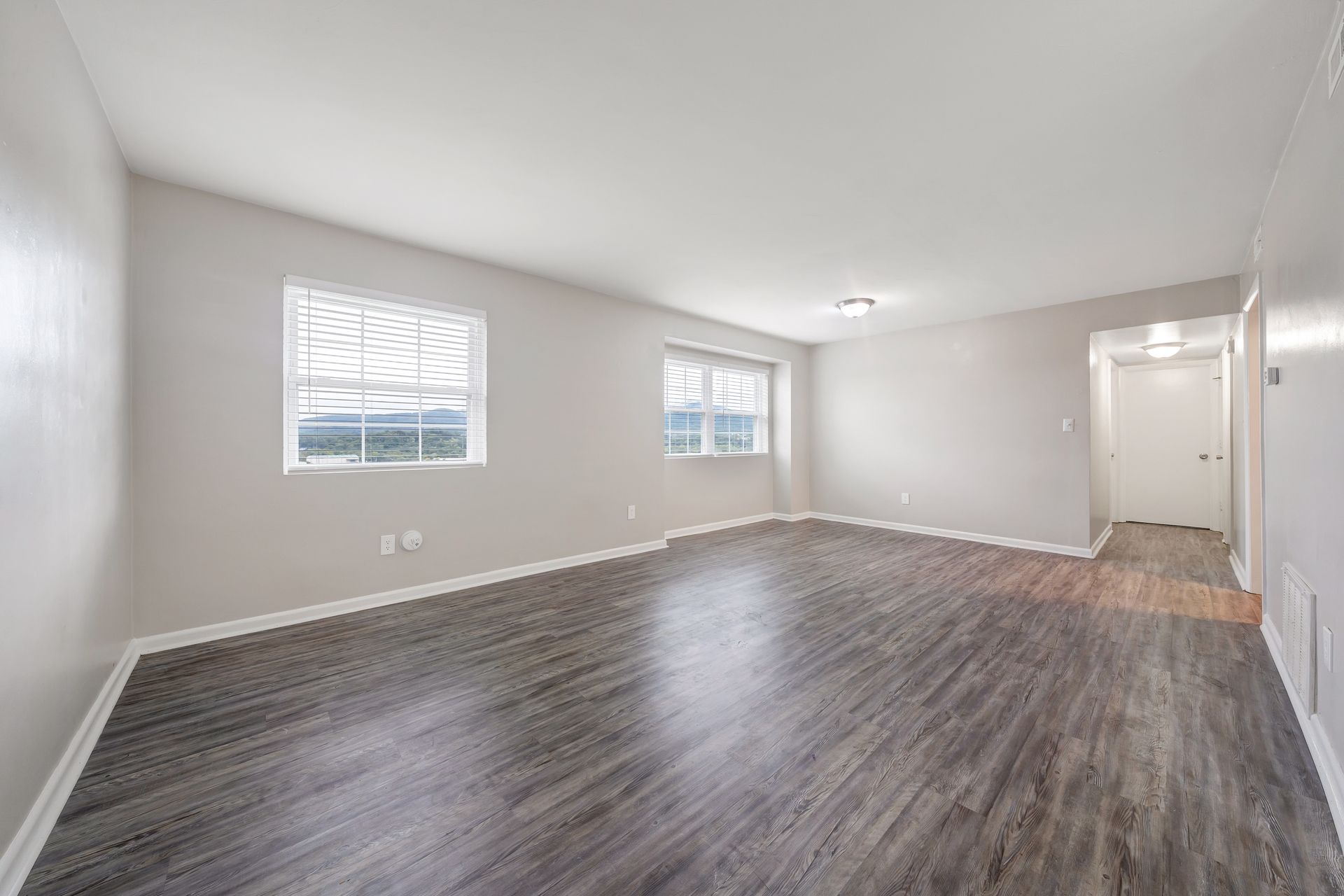 An empty living room with hardwood floors and two windows.