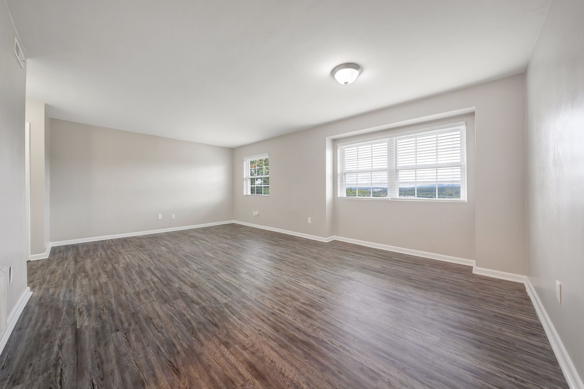 An empty living room with hardwood floors and two windows.