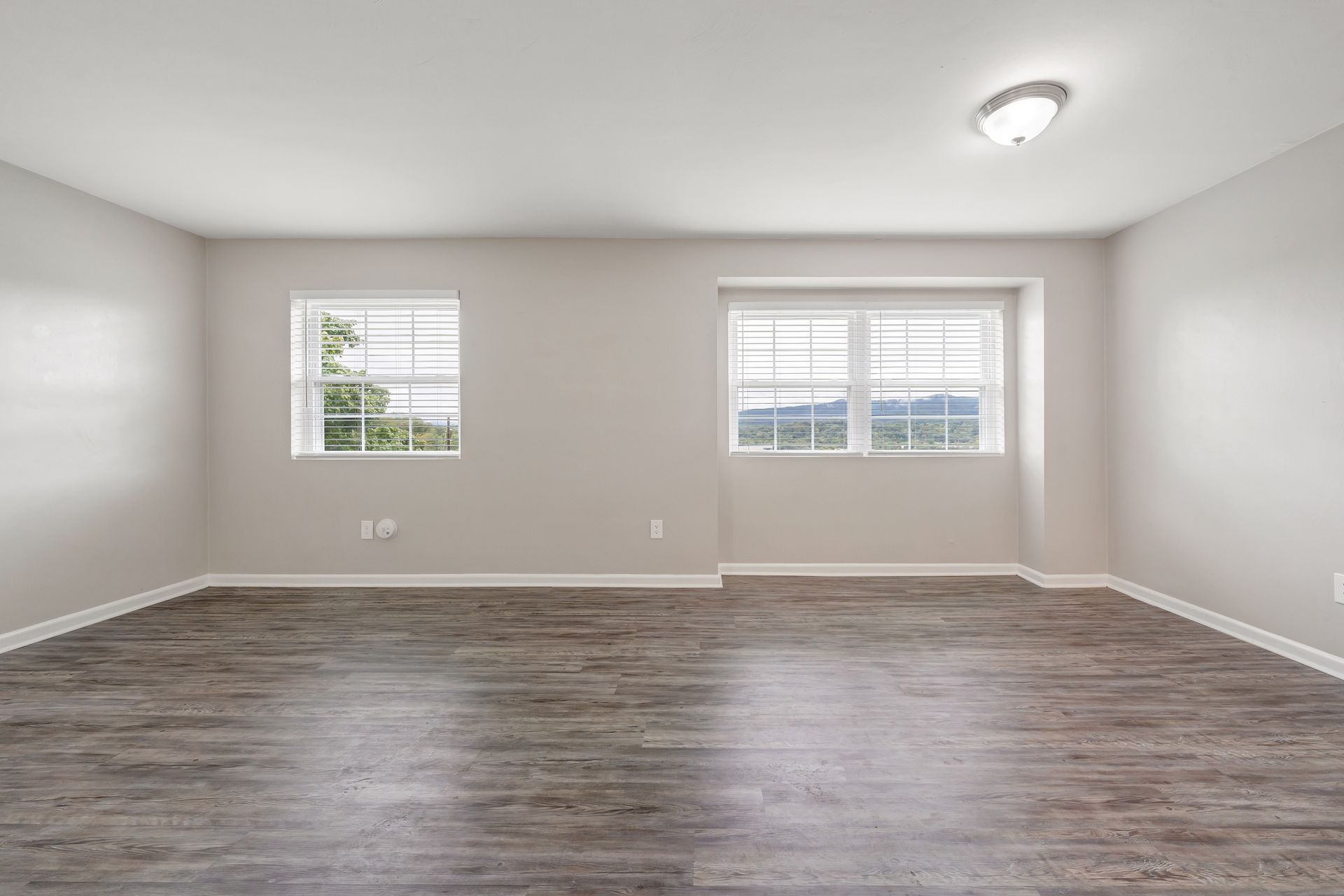 An empty living room with hardwood floors and two windows.