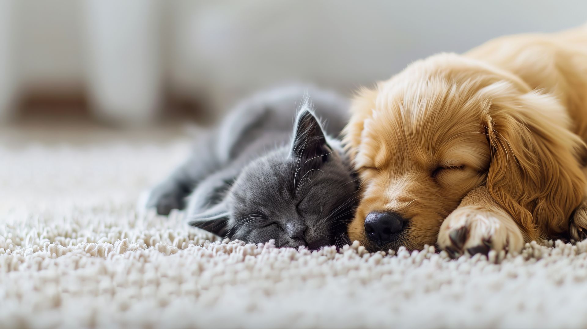 A puppy and a kitten are sleeping next to each other on a carpet.
