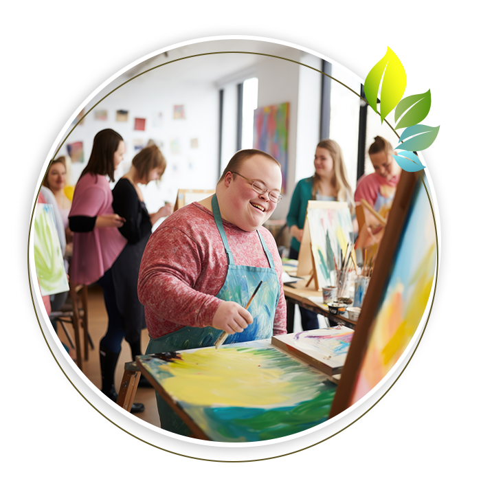 a man smiling while painting on an easel