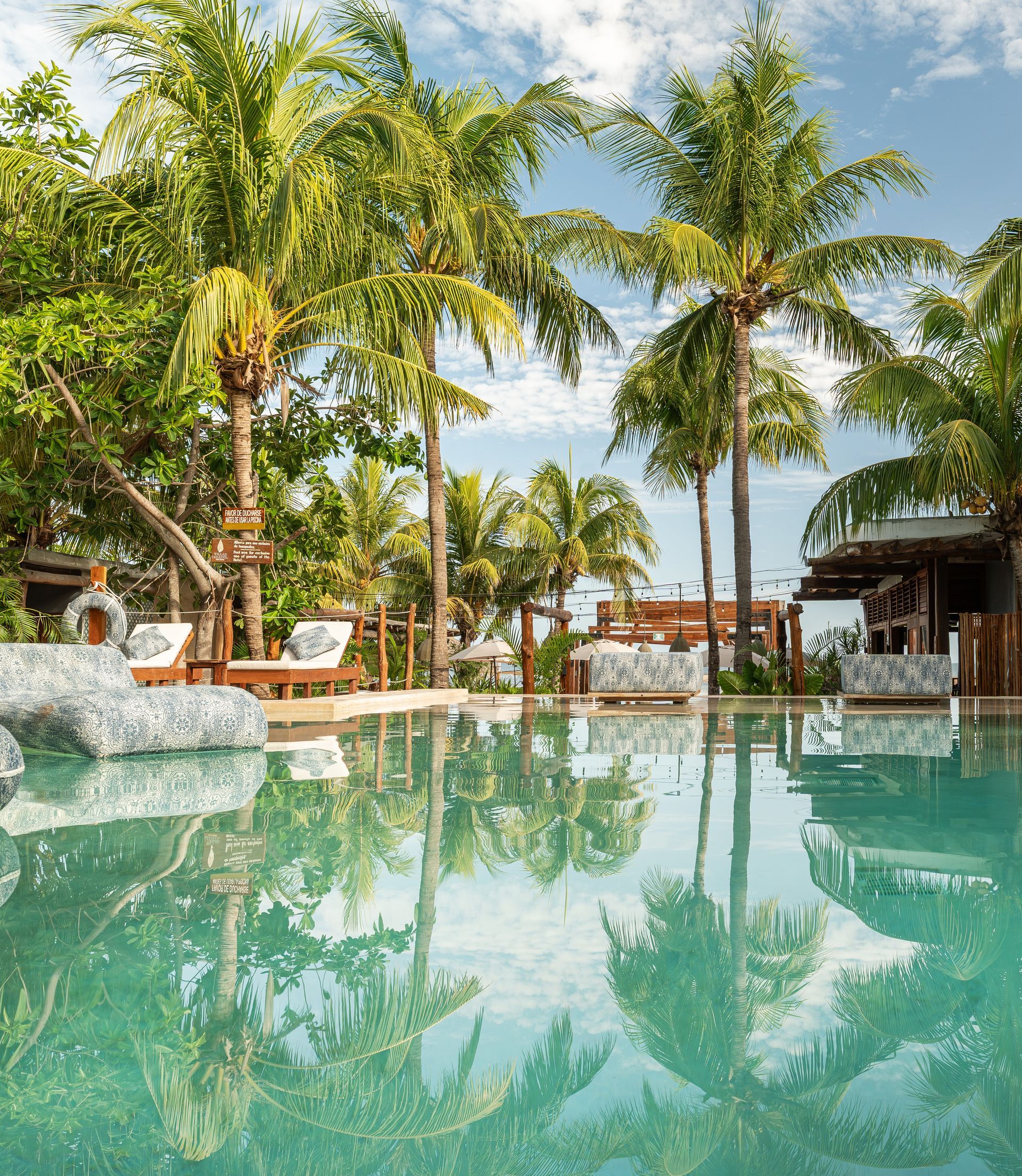 Pool surrounded by palm trees and lounge chairs reflecting in the turquoise water, sunny day.